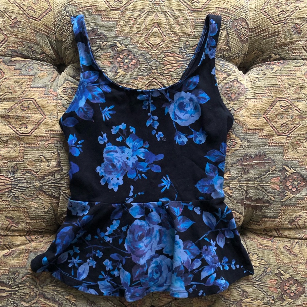 Express XS Knit Peplum Tank Top Black and Blue Floral Print